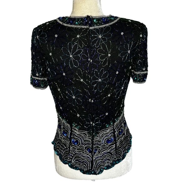 Laurence Kazar Black Beaded Silk Top Womens Small Vintage Sequin Party Blouse - Picture 5 of 12